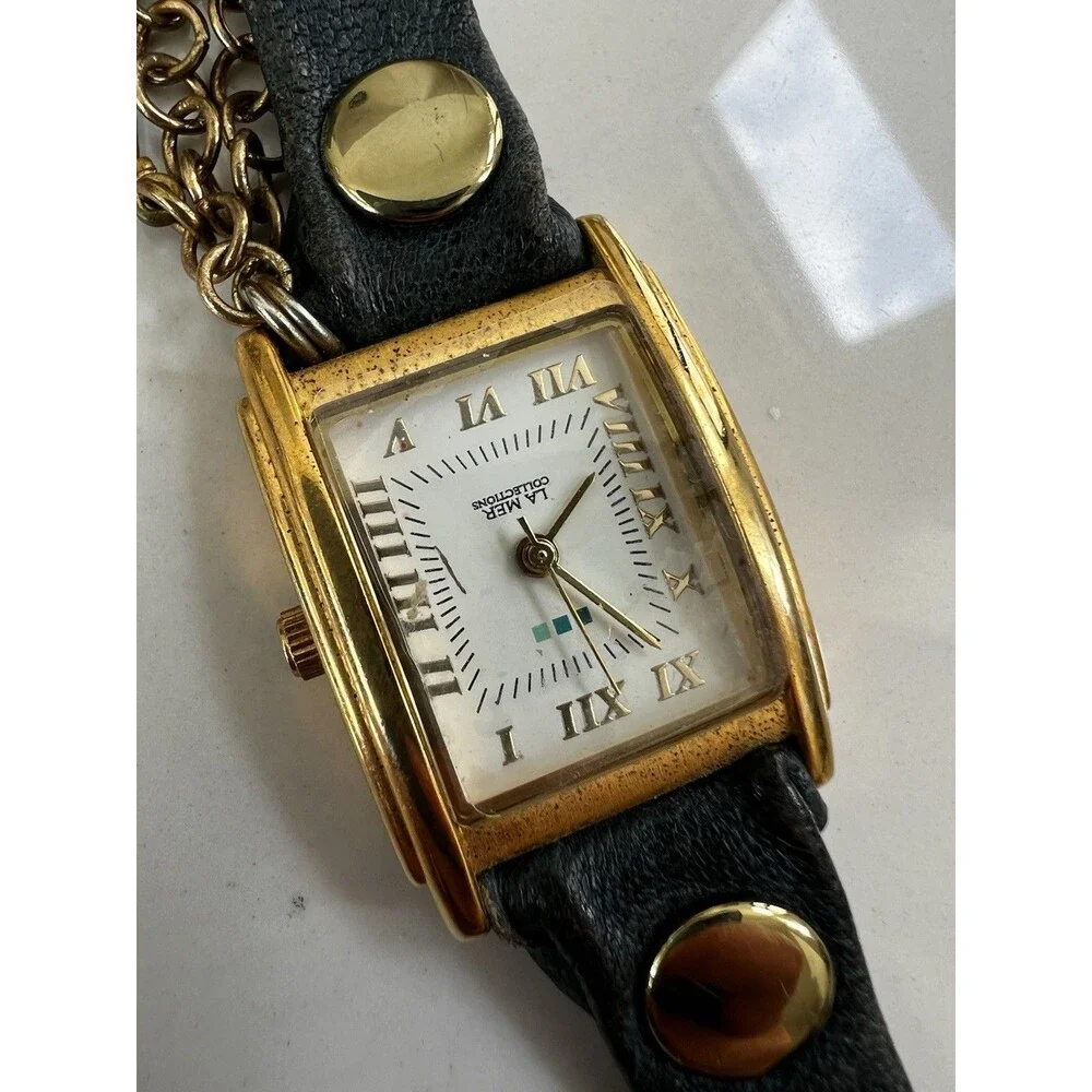 La Mer Collections Wrap Watch Navy Leather Band Gold Tone Boho 2000's Y2K Charms